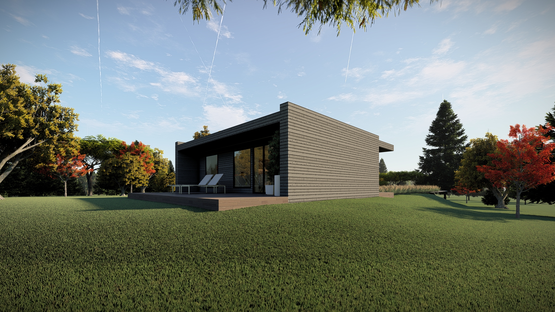 Rendu d’un chalet moderne de plain-pied avec terrasse